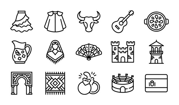 Spanish Culture Icons Set: Flamenco, Bullfighting, Architecture, Food Vector Graphics