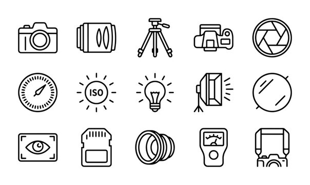 Photography Icons Set: Camera, Lens, Tripod, Flash, Light Meter, ISO, Aperture, SD Card