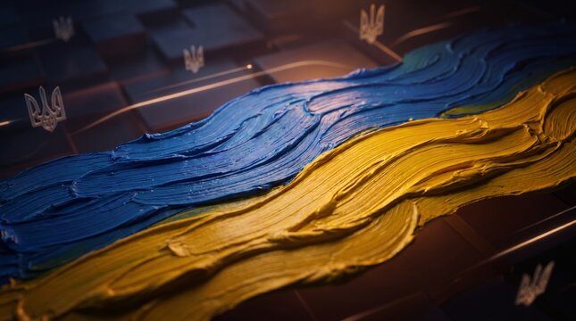 Abstract Textured Ukraine Flag with National Trident Symbol