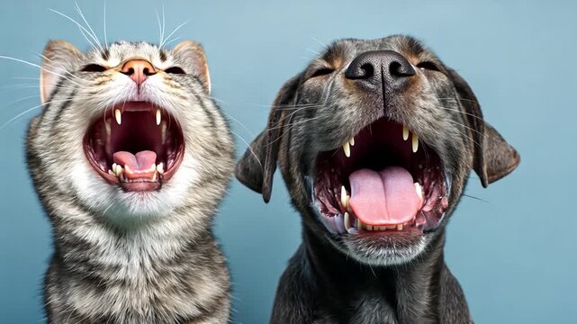 Happy Cat and Dog Smiling Together on Blue Background