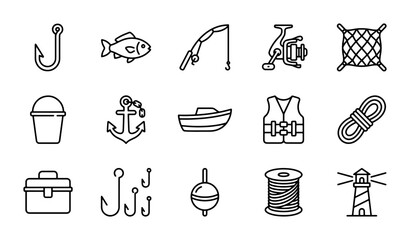 Fishing Icons Collection: Hook, Reel, Boat, Lighthouse, Tackle Box, Vector Set © Ariful