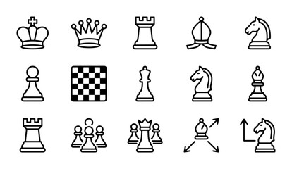 Chess Pieces Vector Icons Set, Strategy Game Symbols, Black and White Board Game Elements © Liza