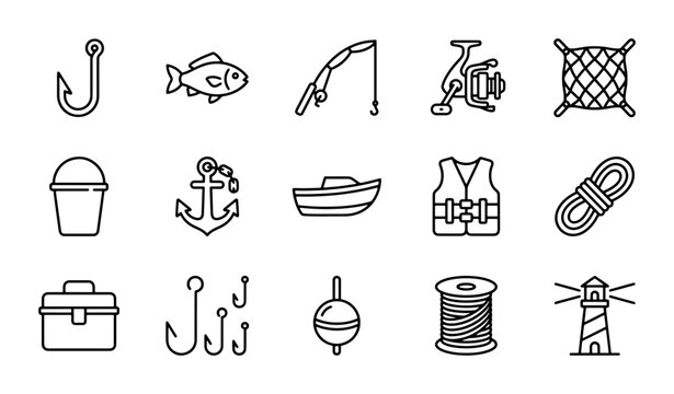 Fishing Icons Collection: Hook, Reel, Boat, Lighthouse, Tackle Box, Vector Set