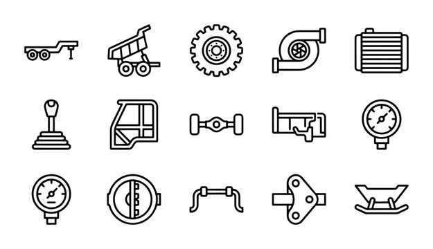 Automotive Parts Icons Set: Truck, Trailer, Engine Components, Gauge, Gear Shift, Cabin