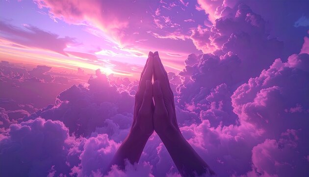 Hands in prayer against a vibrant purple and pink sky.