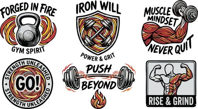 etro Grunge Gym Fitness Motivational Badge Set &mdash; Forged in Fire, Iron Will, Muscle Mindset Never Quit, Push Beyond, Strength Unleashed and Rise and Grind Bold Vintage Style