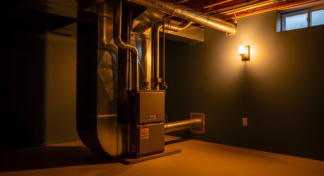 Modern Residential HVAC System in Basement | Central Heating and Air Conditioning Furnace with Metal Ductwork | Home Maintenance Ventilation Utility | Domestic Mechanical Equipment Setup Details