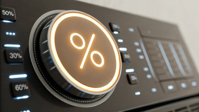 A close-up of a control dial with a glowing percentage symbol, surrounded by illuminated indicators and buttons on a modern electronic device.