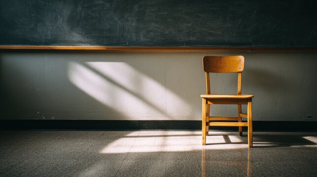 A lone wooden chair sits in an empty classroom, a symbol of learning and quiet reflection. The space is filled with soft light and shadows.