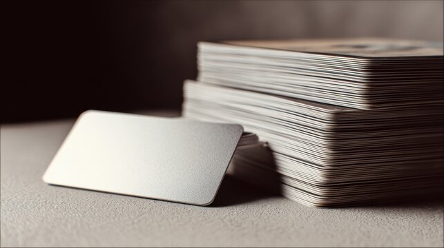 A stack of blank business cards with one card isolated in the foreground, perfect for adding your own message