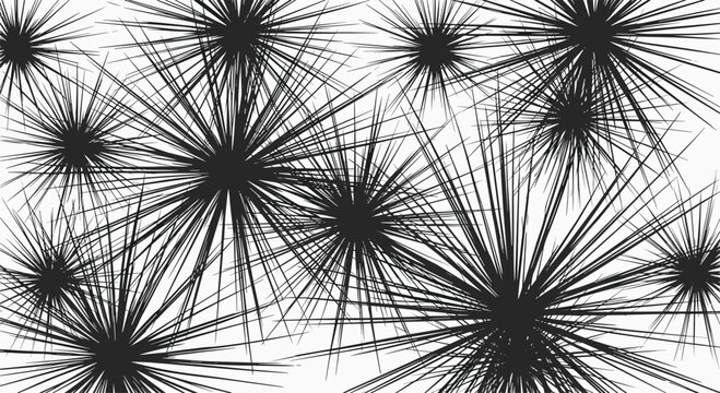 Abstract white background with a random pattern of black spiky starbursts, radiating thin lines, creating an energetic and sharp design.