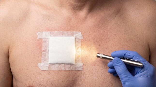 A close-up of a male chest with a bandage on it. A gloved hand holds a medical tool, illuminating the bandage. The scene suggests a medical examination or treatment.