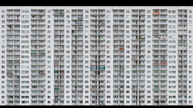 Large residential apartment building with repetitive balconies and windows representing urban density, modern housing development, city architecture and crowded metropolitan living concept