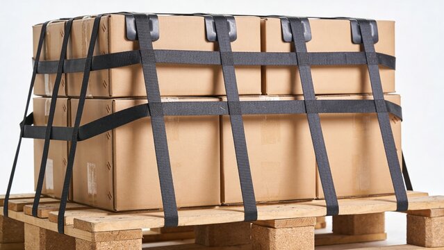 Stacked cardboard boxes secured with black straps on a wooden pallet. Ideal for logistics and shipping concepts.
