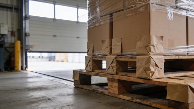 A stack of cardboard boxes on a wooden pallet inside a warehouse. The loading dock is visible in the background with large doors.