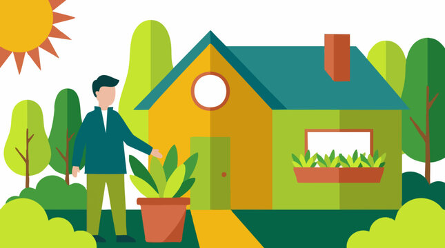Flat design illustration of a man standing in front of his house with garden