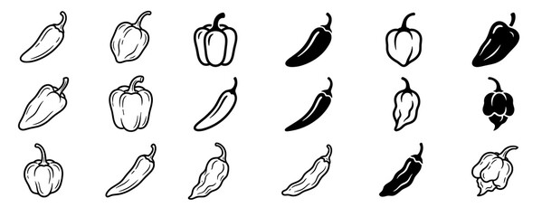 Fototapeta premium Set of 18 hand drawn pepper outline icons in black and gray
