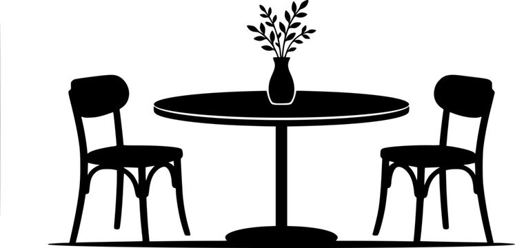 Minimalist black silhouette of a round dining table with two chairs and a vase
