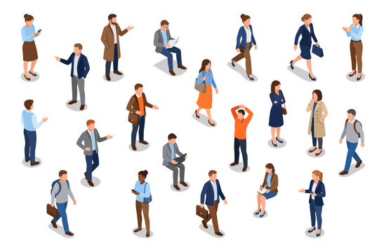 Isometric Vector People Set Featuring Walking and Sitting Business Figures in Casual Attire | Flat Illustration for Architectural Maps and Diagrams
