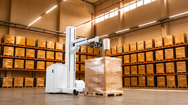 Autonomous robot wrapping pallet with stretch film in modern warehouse