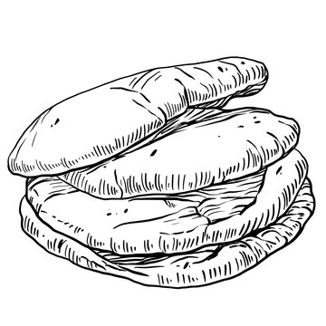 Black and white line art vector of a stack of three flatbreads with textured crust. Minimalist hand drawn illustration for bakery logo, restaurant menu, food packaging and cookbook
