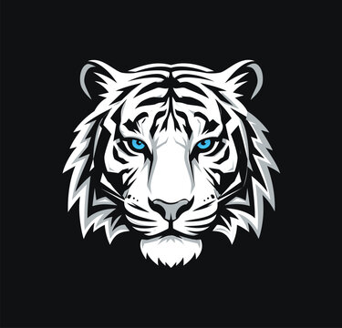 Tiger Head Vector Illustration, Black and White Wild Tiger Face Mascot with Blue Eyes