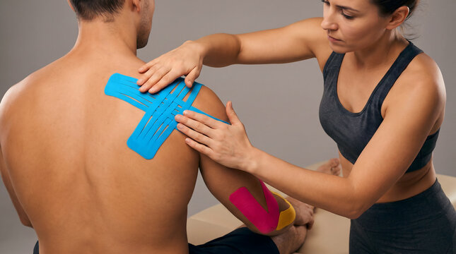 Physical therapist applying kinesiology tape to male patient's shoulder