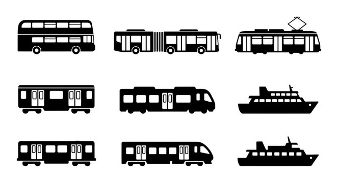 9 public transport silhouette icons set, solid black style, urban travel vehicles collection for city navigation.