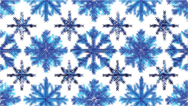 Blue Snowflakes Pattern Seamless X-stitch Folk Illustration Geometric Needlework Cross-stitch Embroidery Decor Vector Craft Frame Ornament