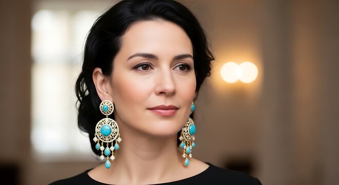 Woman with large turquoise earrings portrait.
