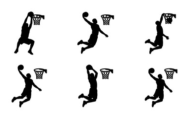 Basketball Dunk Silhouettes, Dynamic Sports Action Vector Set, Athletic Player Leaping for Hoop, Dynamic Slam Dunk Poses, Graphic Elements for Sports Design © Ayesha