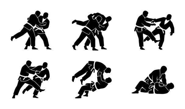 Martial Arts Grappling Techniques, Judo Throw Illustrations, Jiu-Jitsu Combat Poses, Karate Takedown Silhouettes, Dynamic Combat Sports Action Set