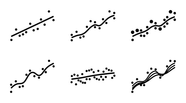 Data Visualization Set: Scatter Plot Trends, Regression Lines, and Curve Fits, Vector Graphics for Analytics and Statistics