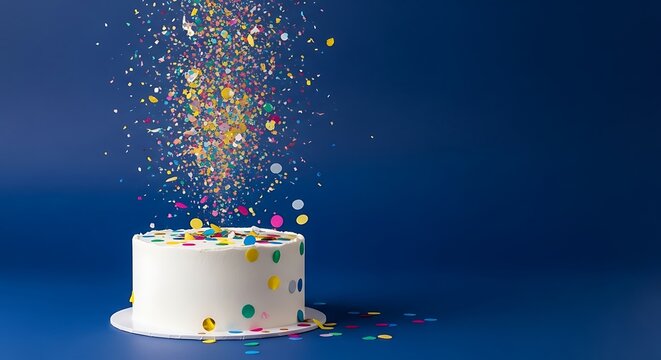 White cake with colorful sprinkles exploding.