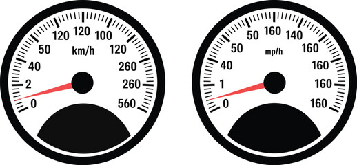 Naklejka premium Dashboard gauge illustration with needle indicators for vehicle velocity and performance measuring equipment for transport and racing industry graphic elements.