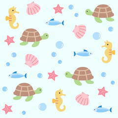 Naklejka premium Sea animals seamless pattern. Cartoon seahorse, starfish, tortoise, fish and seashell with air bubbles on light blue background. Playful ocean vector pattern.