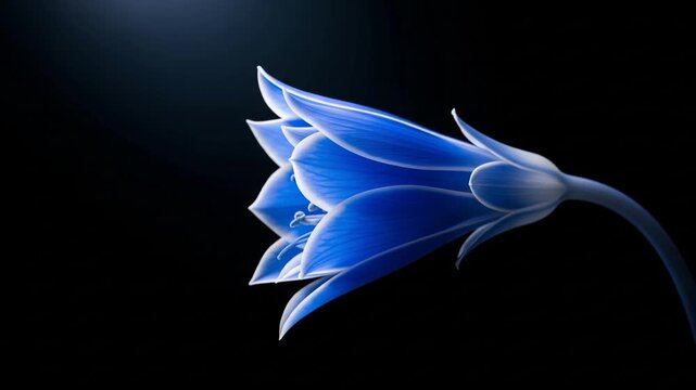 Glowing Blue Flower with Subtle Light Movement on Black Background, Copy Space for Nature