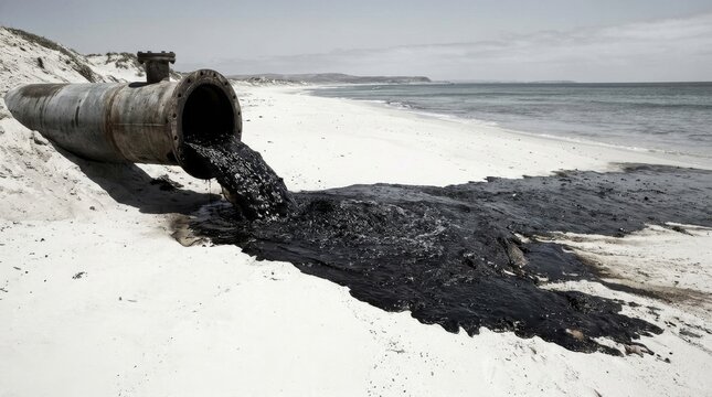 Industrial pipe discharging dark waste onto a sandy beach near the ocean