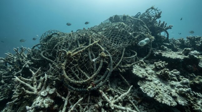 Ghost fishing net entangled on dead coral reef underwater
