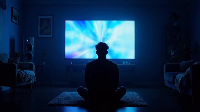 Person meditating in front of TV emphasizing network speed and cloud computing