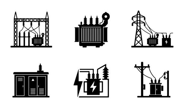 Electrical Transformer Icons, Power Substation Vector Set, Energy Grid Components, Industrial Electricity Equipment Graphics