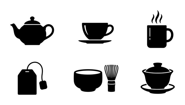 Black Tea Set Icons: Teapot, Cup, Mug, Tea Bag, Whisk, Bowl, Gaiwan, Beverage Service, Hot Drink, Cafe, Kitchenware, Culinary Collection