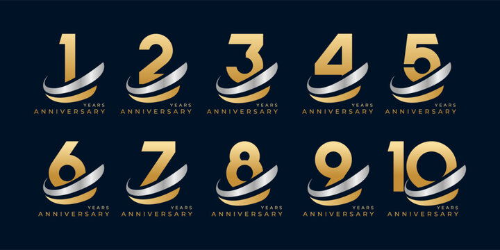 Set of modern vector logo designs for 1 years to 10 years anniversary with swoosh, in gold color for celebrations, weddings and birthdays