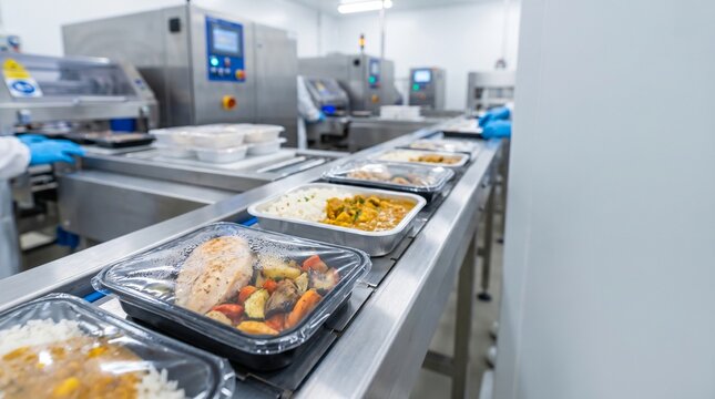 Packaged meals with chicken vegetables and rice move along an automated food processing conveyor belt