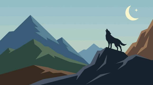 Lone Wolf's Serenade: A silhouette of a wolf perched atop a rugged mountain, bathed in the soft glow of moonlight, howling at the crescent moon in a wild and serene mountainscape