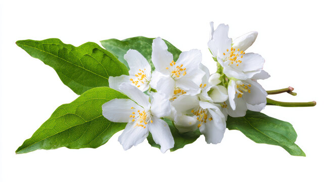 small white jasmine flowers with green leaves in high fidelity