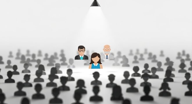 Identifying and spotlighting top talent among many, showcasing individual selection, recruitment strategies, and the perfect professional match for diverse roles