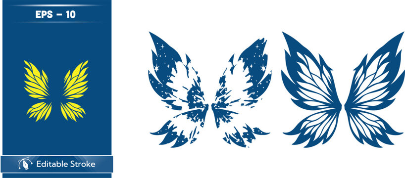 Butterfly and feather designs on blue and white background
