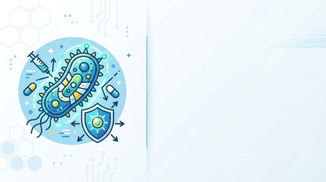 A superbug with medicine icons. It illustrates the concept of antibiotic resistance. Visual emphasizes healthcare challenges in modern medicine.