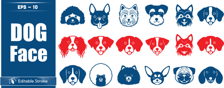 Collection of various dog breeds face illustrations